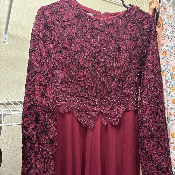 Modest burgundy long sleeve maxi dress with lace top & train with zipper… - Picture 6 of 8